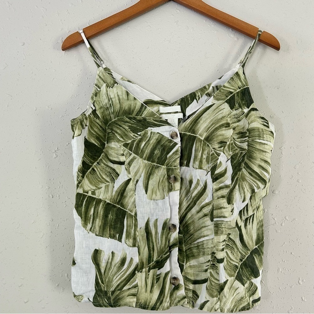 🦋 H&M White Green Palm Leaves Linen Tank Top Beach Vacation Medium
